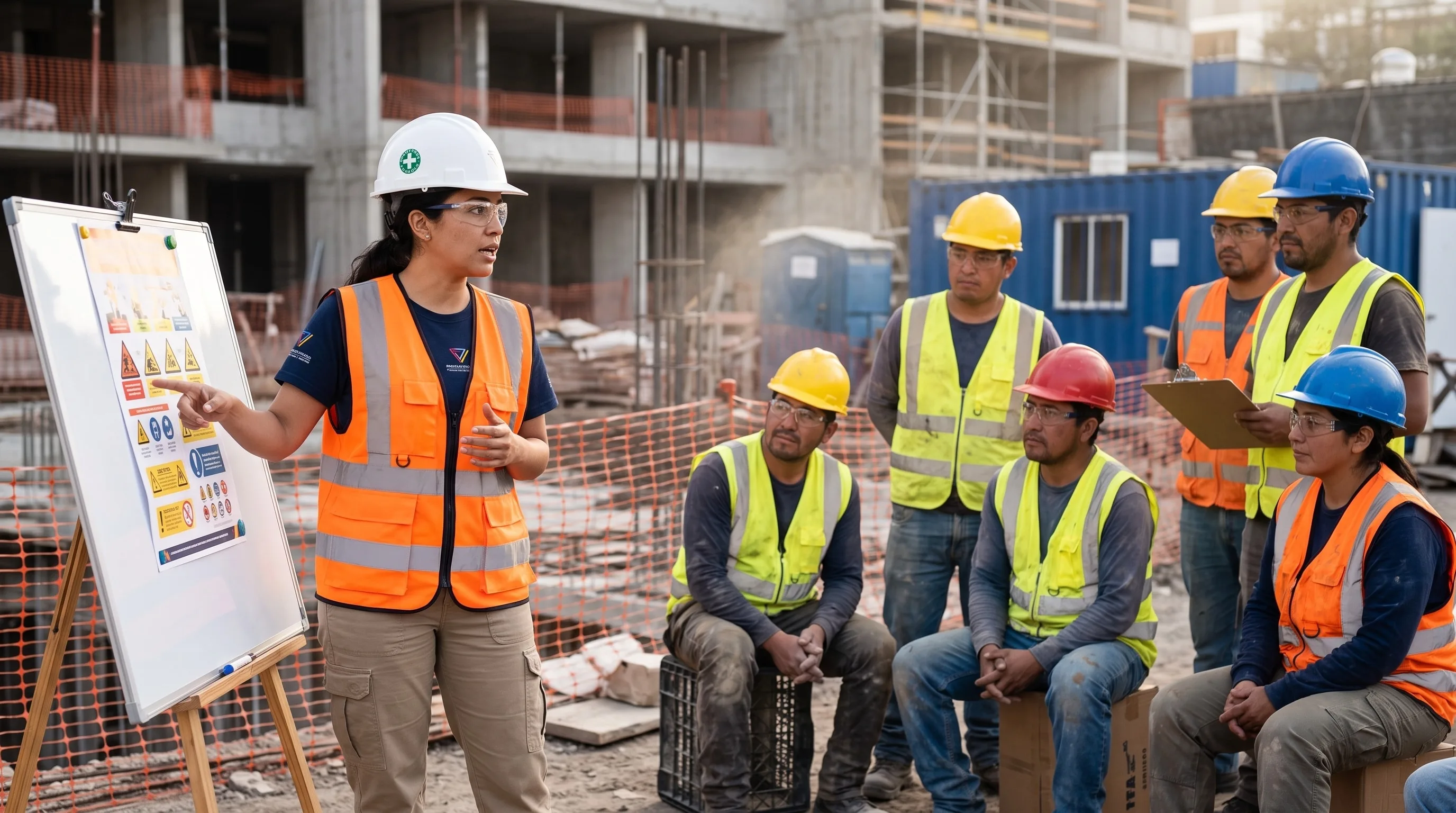 Prevencionista de Proyectos CRG capacitando a trabajadores con casco en una obra