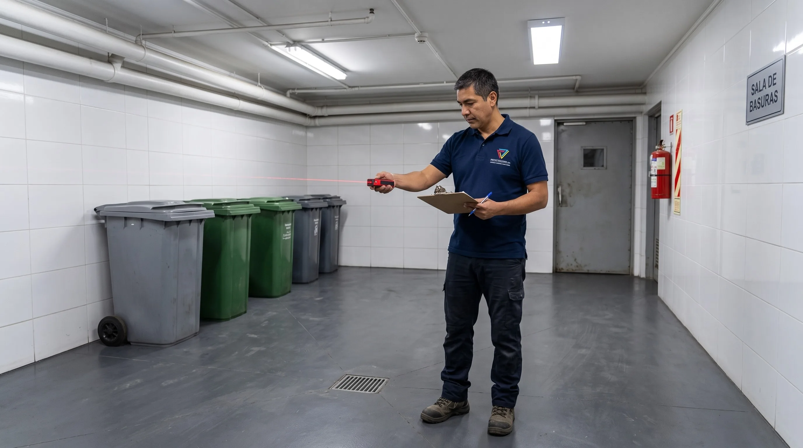 Técnico de Proyectos CRG midiendo la sala de basura de un edificio