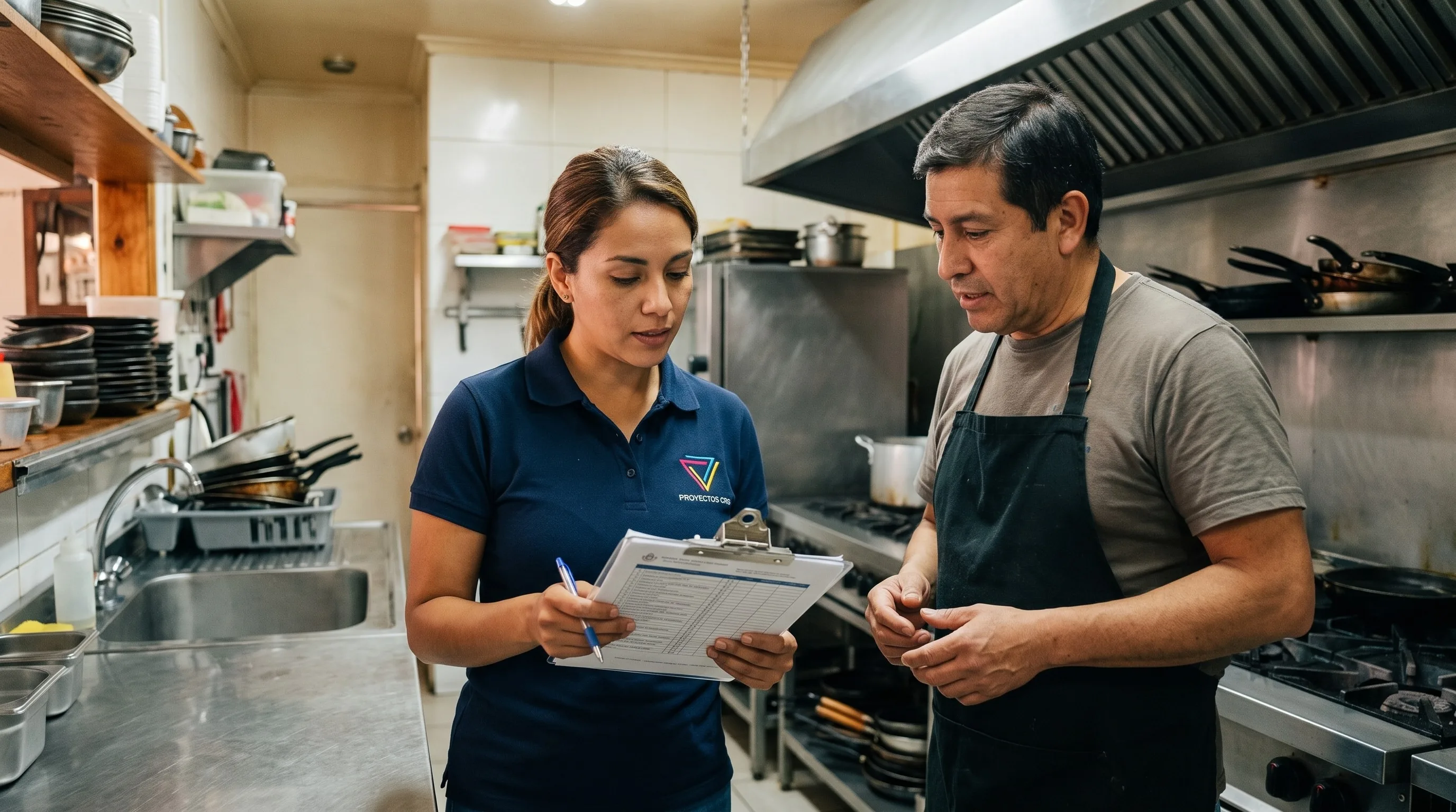 Asesora de Proyectos CRG revisando la cocina de un local comercial con una pauta